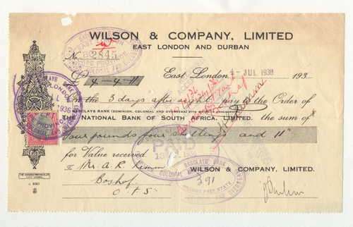 1936 Promissory note - Wilson and Company for the National bank of South Africa with tax stamp