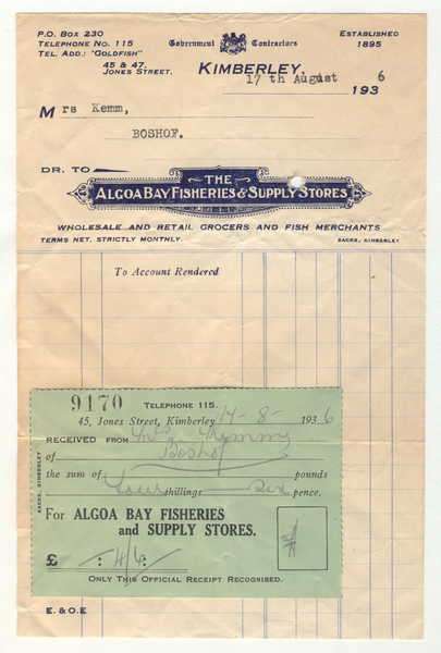 Statement and receipt 1936 for the Algoa Bay Fisheries and Supply stores in Kimberly