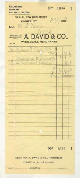 Invoice and receipt for A. David and Co, wholesale merchants  Kimberly 1937
