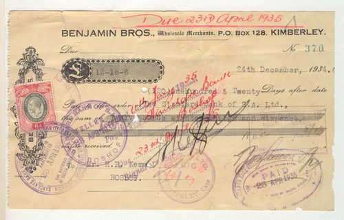 Ephemera - Benjamin Bros Kimberly promissory note - 1934