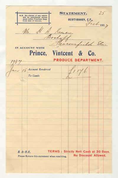 Ephemera - Prince, Vincent and Co. 1937 Statement