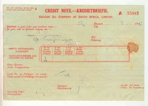 Ephemera - Credit note 1935 issued by the Vacuum Oil company of South Africa - Later Mobil Oil