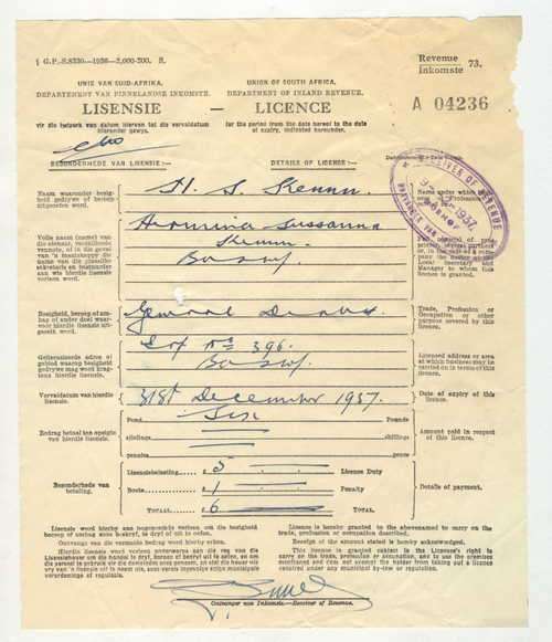 1937 General Dealer`s license issued to HS Kenna for a Boshof address - Union of South Africa