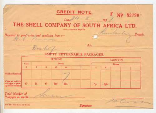 Shell company of South Africa 1937 credit note