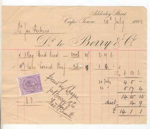 Ephemera -  1885 Old Cape Town account - Dr Berry and Co.