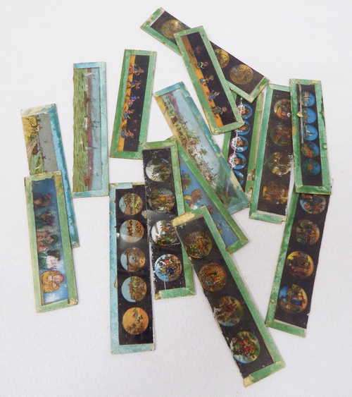 Lot of 15 small antique glass slides including 3 broken slides