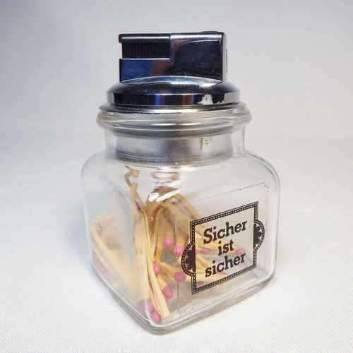 Crown gas table lighter with matches - `sicher ist sicher` (just to be sure)