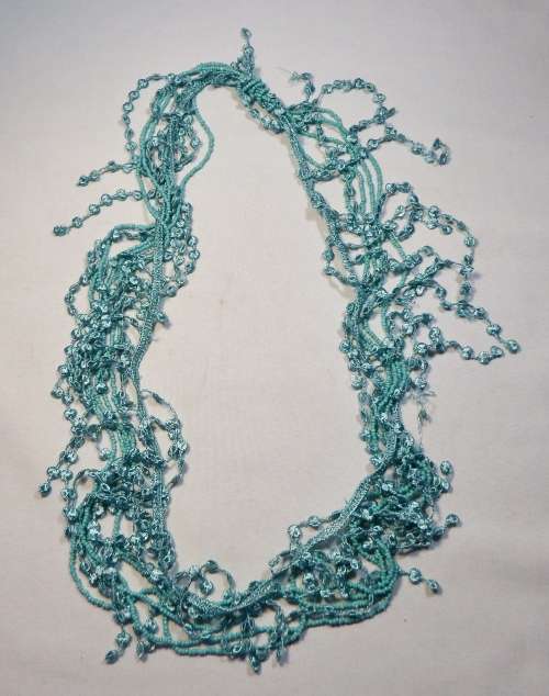 Blue bead and material necklace - 47 cm long