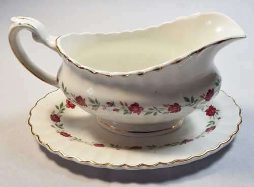 Vintage J and G Meakin classic white gravy boat with tray - Cottage style red rose