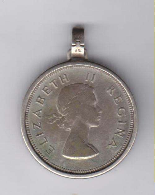 1955 South Africa silver half crown made into pendant