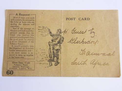 WW1 om active service Tobacco Fund postcard of the over-seas club (numbered 60) originating in SA