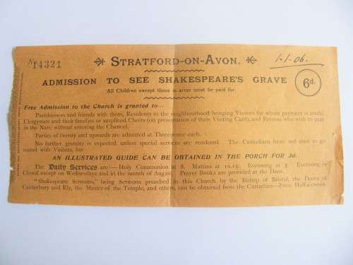 1906 Ticket to see Shakepear`s Grave - Stratford-on-Avon