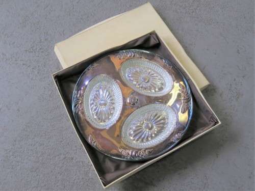 Vintage silverplated serving plate with 3 small glass bowls