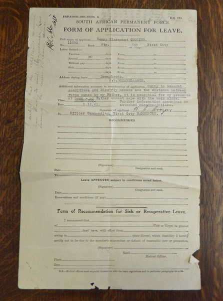 WW2 SA Permanent Force Application for leave document for HC Grozier - First city regiment