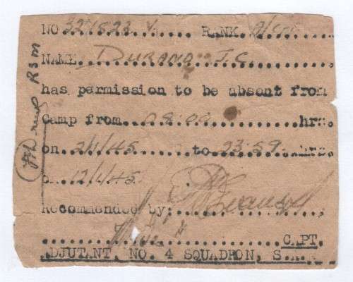Pass for JC Durand to be absent from Camp on the 2nd of January 1945 - Unusual