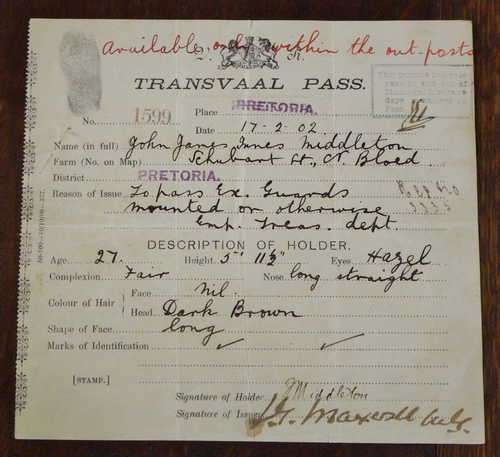 Boer War Transvaal Pass document - Issued Pretoria 17 February 1902 to JJI Middleton