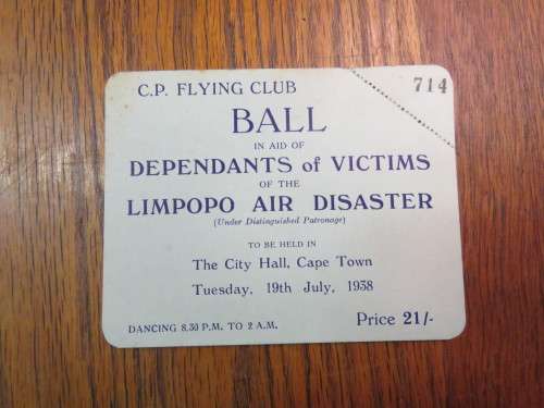 Ticket for the C.P Flying Club Ball in aid of dependents of victims of the Limpopo air disaster 1938