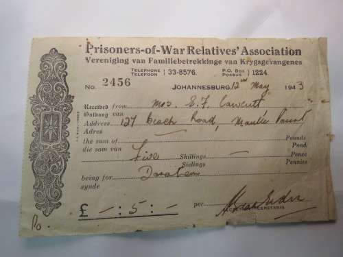 WW2 Prisoners-of-war relative`s association receipt 1943 - Johannesburg - 5 shillings donated