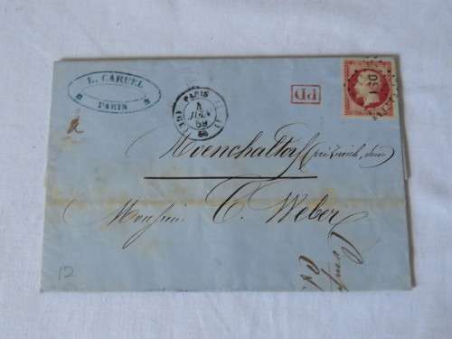 1859 Postal cover Paris, France to Switzerland with PD cancel - Excellent condition