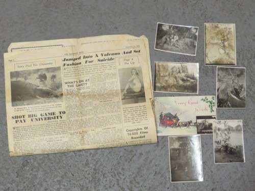 Lot of 7 antique/vintage hunting photos plus newspaper clipping