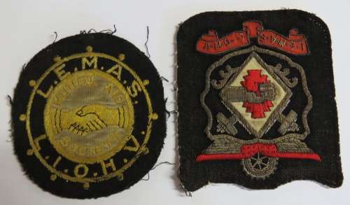 Pair of Locomotive Engineers Mutual Aid Society L.E.M.A.S-L.I.O.H.V cloth badges