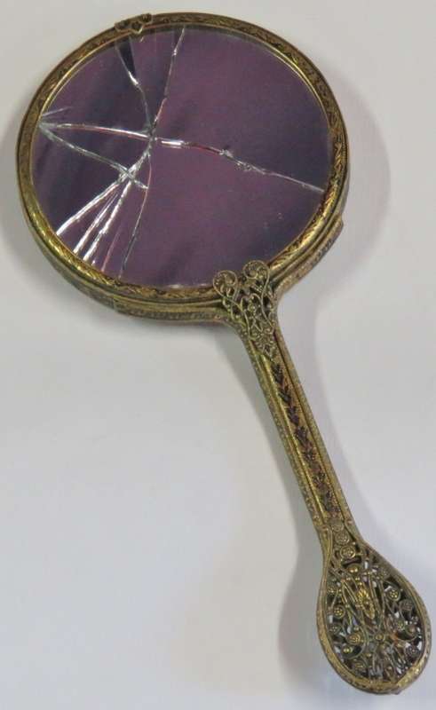 Antique brass hand mirror petit point backing - Mirror broken