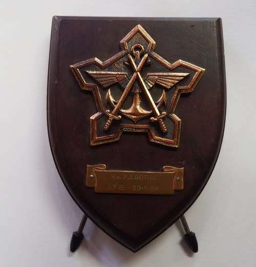 South African Defence Force plaque awarded to colonel P.J. Botha for service 1981-1984