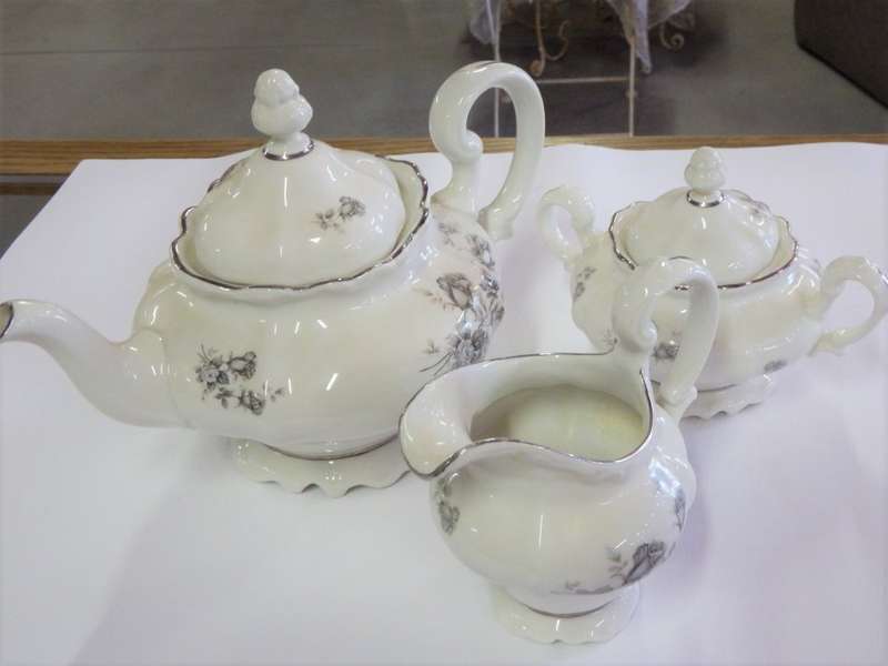 Huguenot Fine China tea pot, sugar bowl and milk jug