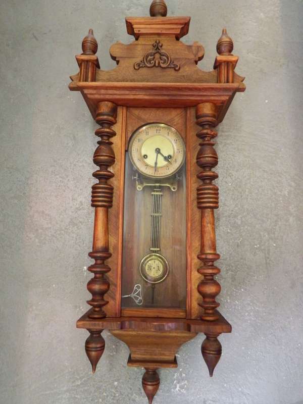 Beautiful antique wall clock with wooden case - Working