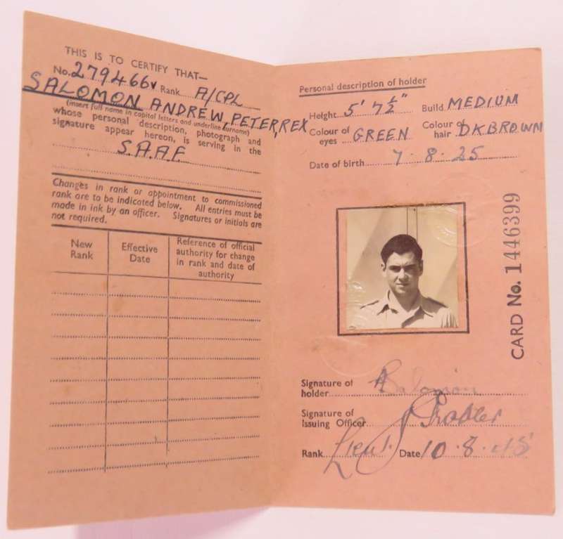 WW2 Royal Air Force ID card of A/CPL APR Salomon of SA Air Force