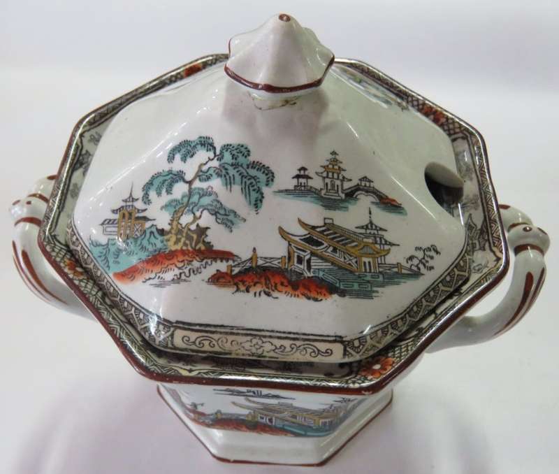 Antique Adams Tunstall Octagonal sugar bowl - Lid knob repaired