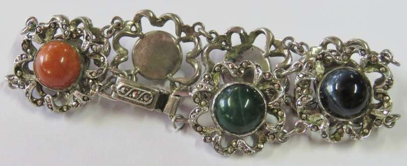 Sterling silver OBLO semi precious stone marcasite bracelet - Weighs 34,9 grams