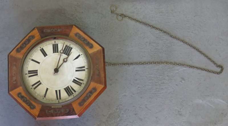 Antique Octagonal wall clock with brass inlay on wood - Not working - For spares only