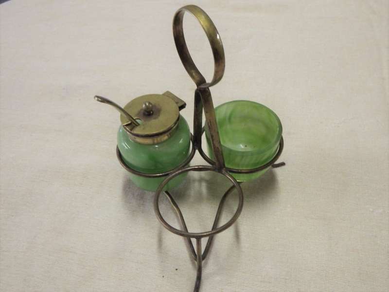 Vintage green glass condiment set - Missing one item