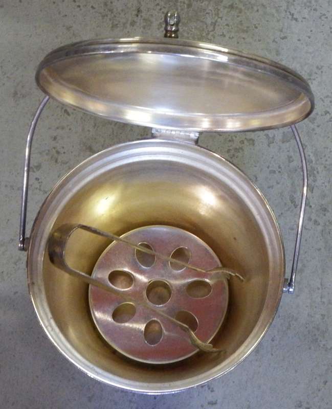 Vintage Emess silverplated ice bucket with tongs and strainer