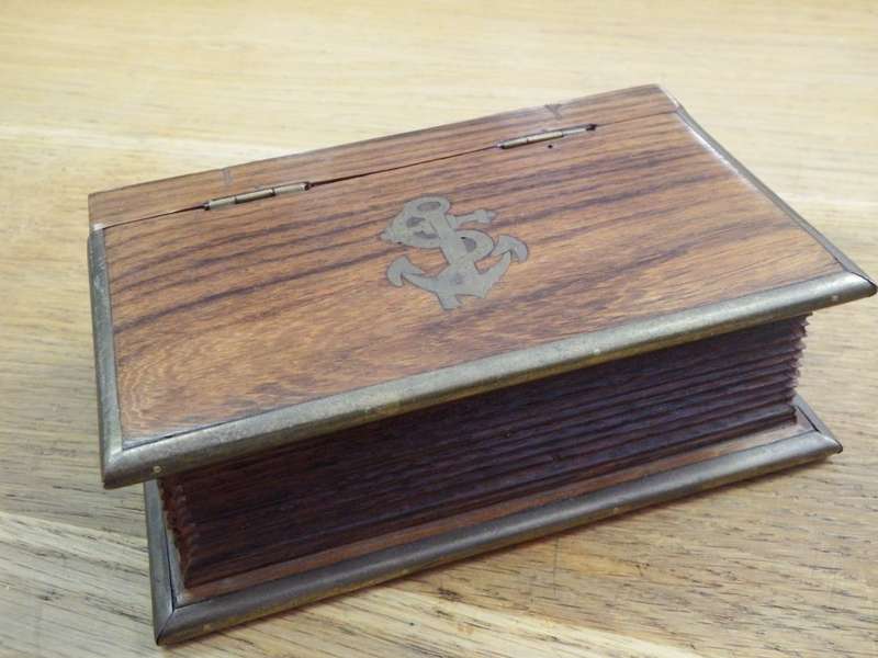 Vintage wooden book shaped trinket box with brass inlay
