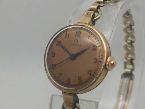 1940's Omega 14kt gold ladies manual wind watch with rolled gold strap - serial 9774172