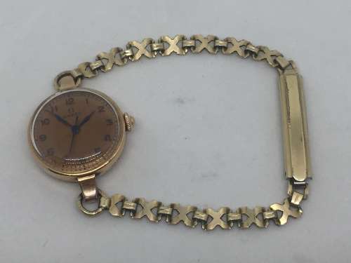 1940's Omega 14kt gold ladies manual wind watch with rolled gold strap - serial 9774172