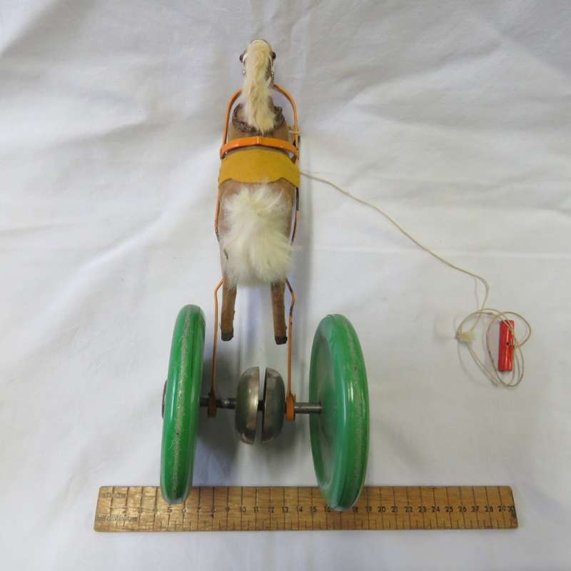 Vintage Pull toy Horse with large green wheels - Made in US Zone Germany post WW2 - Rope 76 cm