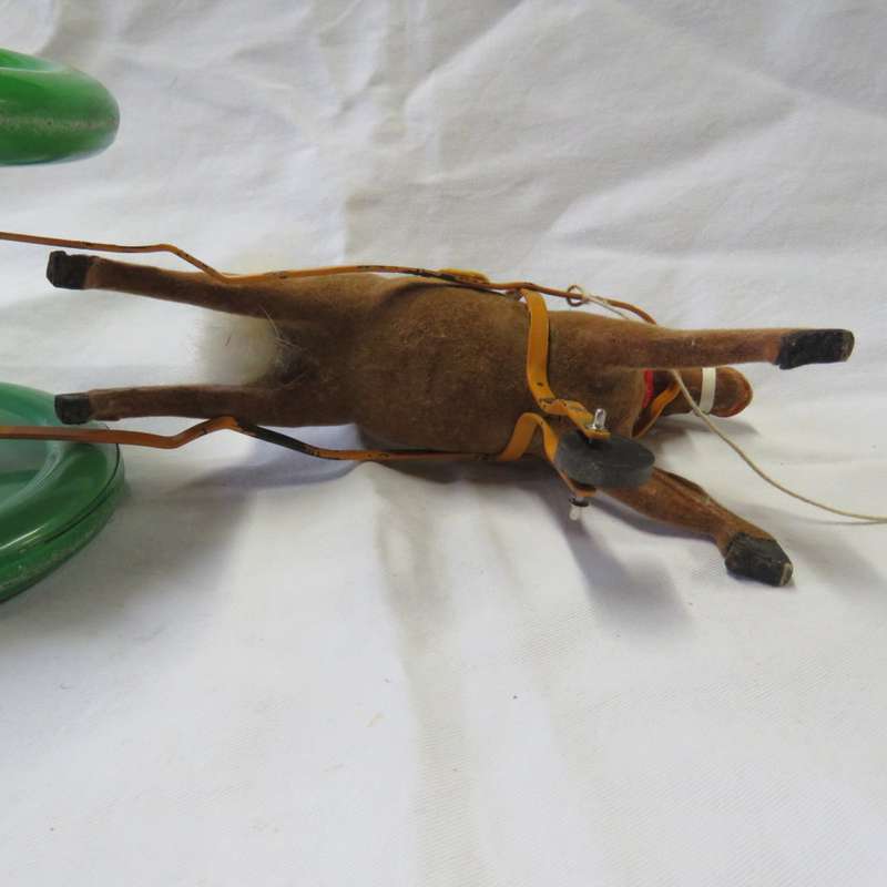 Vintage Pull toy Horse with large green wheels - Made in US Zone Germany post WW2 - Rope 76 cm