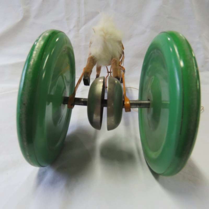 Vintage Pull toy Horse with large green wheels - Made in US Zone Germany post WW2 - Rope 76 cm