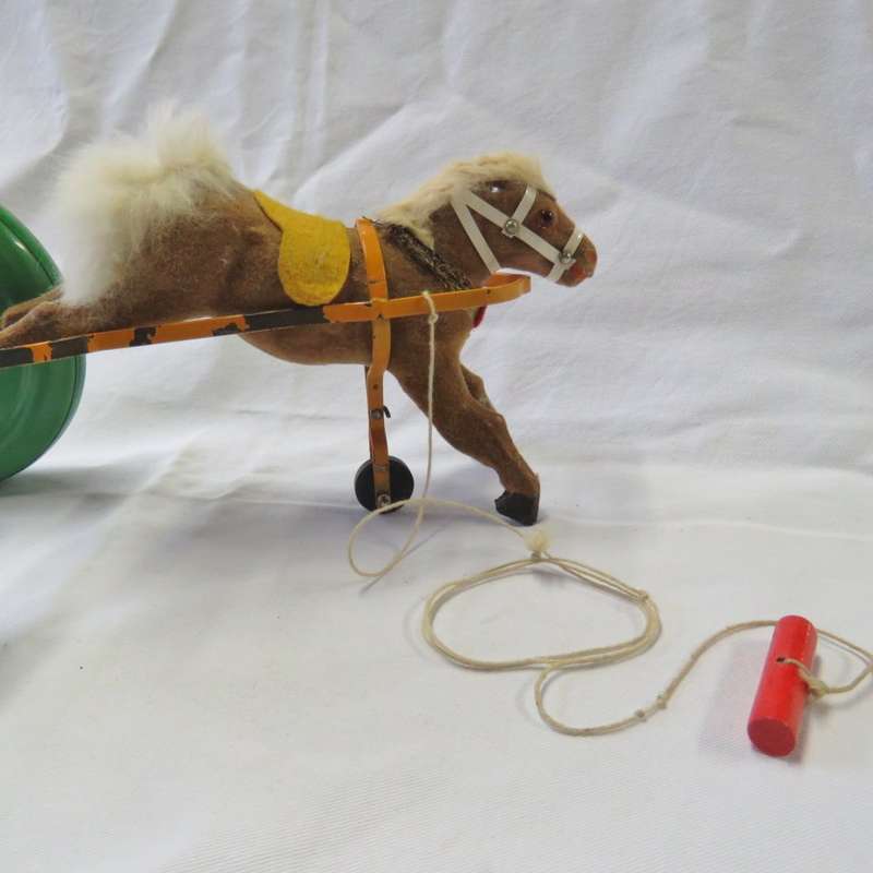 Vintage Pull toy Horse with large green wheels - Made in US Zone Germany post WW2 - Rope 76 cm