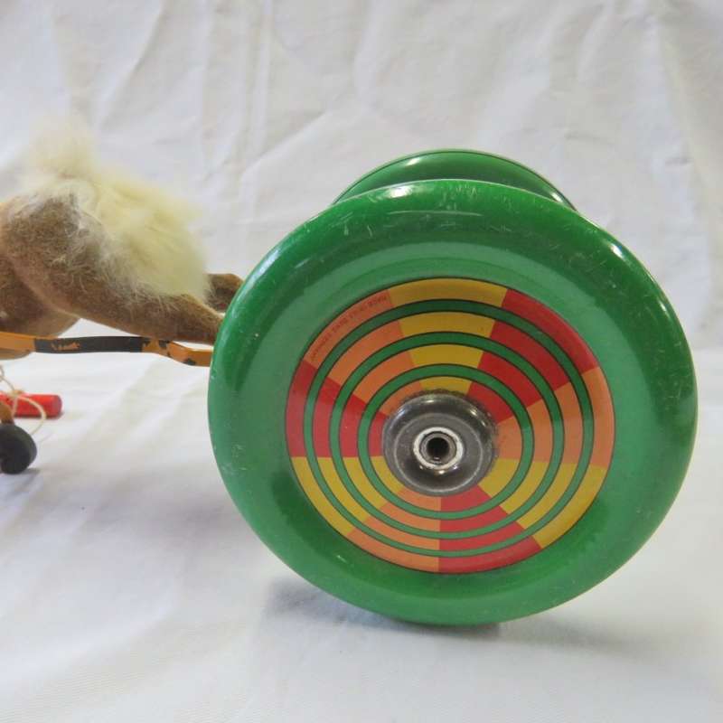 Vintage Pull toy Horse with large green wheels - Made in US Zone Germany post WW2 - Rope 76 cm