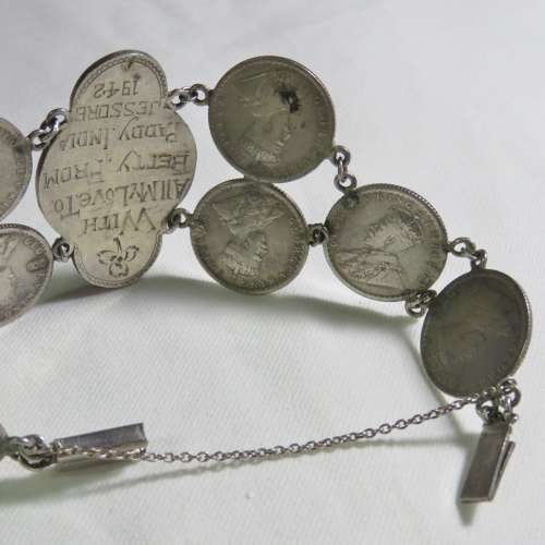 WW2 silver Sweetheart coin bracelet - Made in India Jessore 1942 for Betty from Paddy