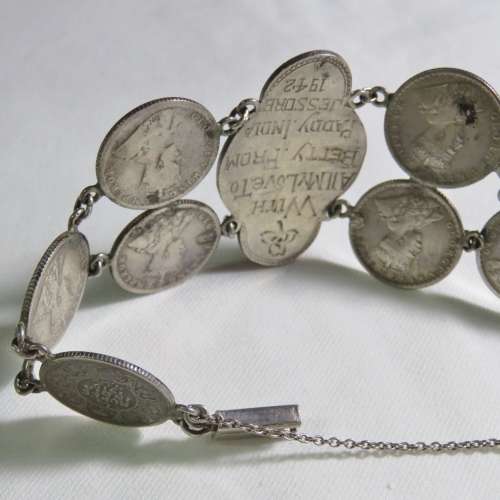 WW2 silver Sweetheart coin bracelet - Made in India Jessore 1942 for Betty from Paddy
