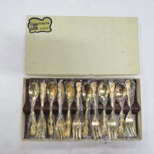 Vintage Eetrite 24ct gold plated cake fork and spoon set - 6 spoons, 6 forks