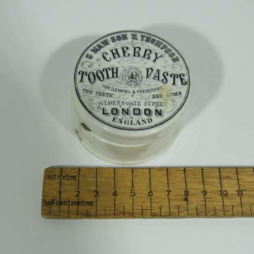 Antique S. Mawson and Thompson Cherry toothpaste porcelain lid and base