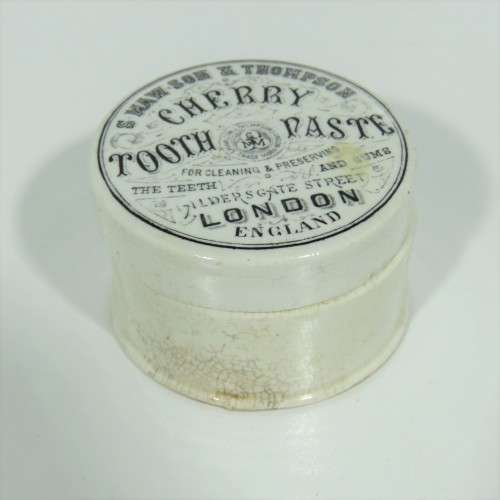 Antique S. Mawson and Thompson Cherry toothpaste porcelain lid and base