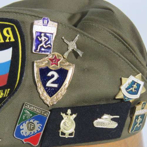 Russian Pilotka cap with over 20 badges - Size 57 cm