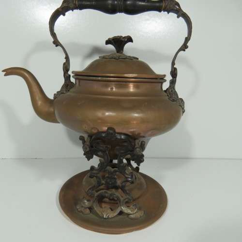 Antique copper tea pot on stand with burner - Some dents